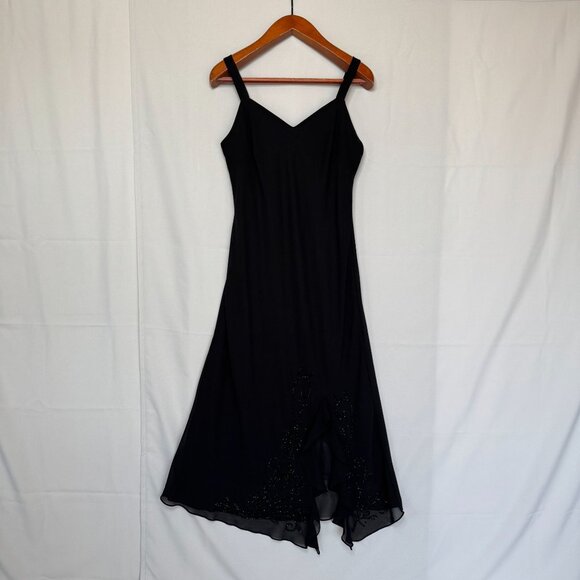 90s Vintage R&M Richards Black Chiffon Beaded Ruffle Slit Cocktail Midi Dress - Picture 1 of 13